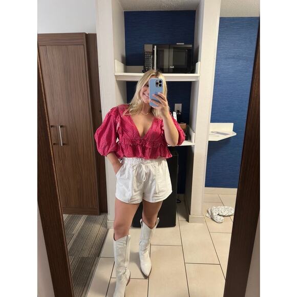 RHODE Red Printed 100% Cotton Short Sleeve V-Neckline Puff Sleeves Top size XL - Picture 16 of 16